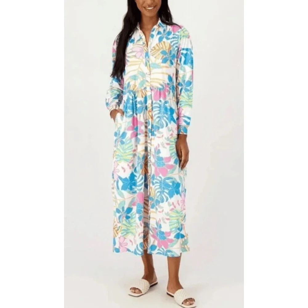 Tolani Long Sleeve Collared Maxi Dress W/ Pockets Tropical Print XS Oversized - Picture 1 of 14